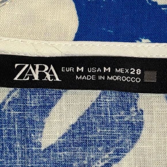 Zara White & Blue Tropical Floral Pattern Long Sleeve Mini Linen Wrap Dress Med - Picture 9 of 9